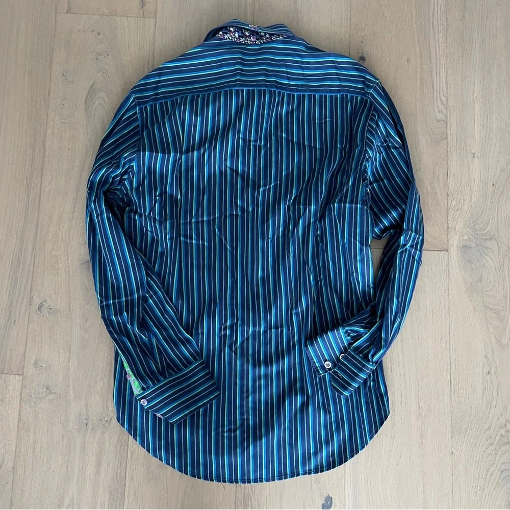Robert Graham X Mens Shirt Large Blue Green Stripe Contrasting Cuffs Modern - Picture 5 of 8